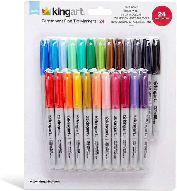 KINGART 460-24 PERMANENT INK Fine Tip MARKERS - Unique & Vivid Colors for Marking, Decorating, Set of 24