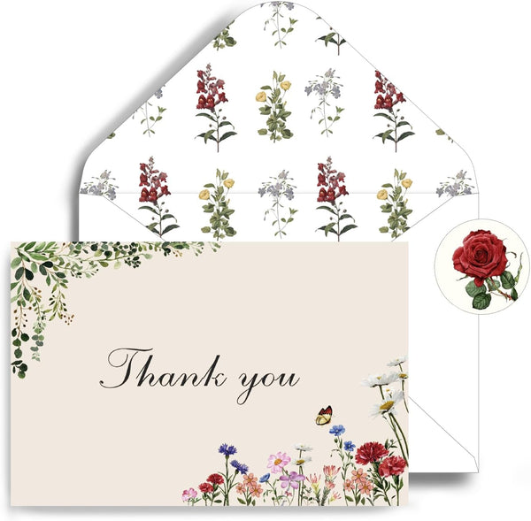 Poatel Thank You Cards with envelopes, 4x6 Inch Vintage Flower Blank Notes, Elegant