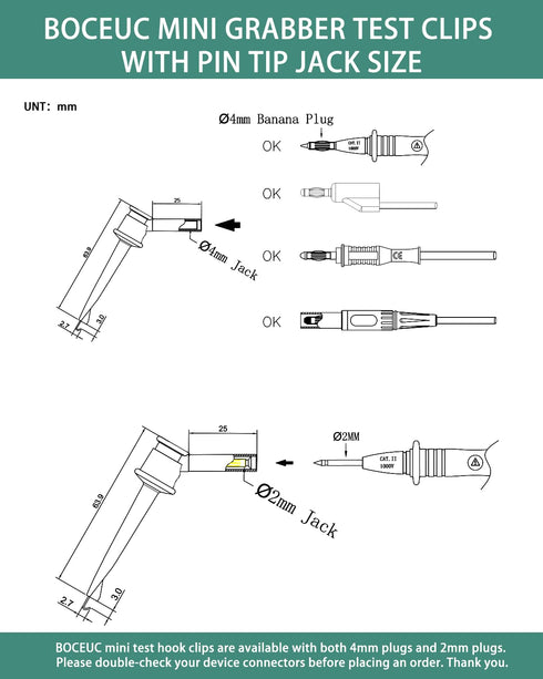 Mini Grabber Test Clip with 2MM Banana Jack, 2 PCS Multimeter Test Lead Hooks for Electronic Testing