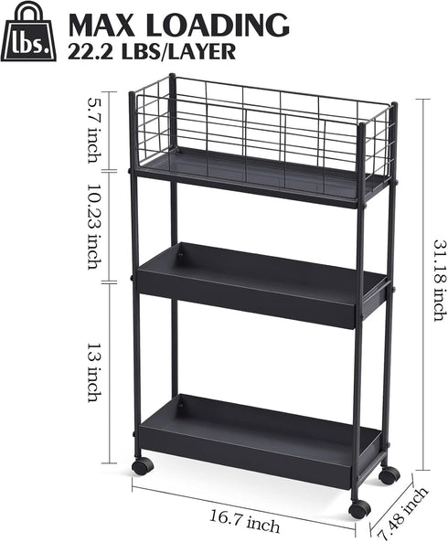 KINGRACK 3-Tier Metal Rolling Utility Cart, Slim Storage Trolley for Kitchen, Bathroom, Laundry Room, Office, Black