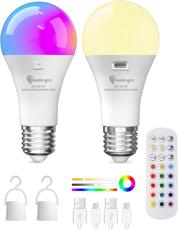 E26 Rechargeable Light Bulb with Remote Control,Battery Light Bulb,RGB Color Changing &