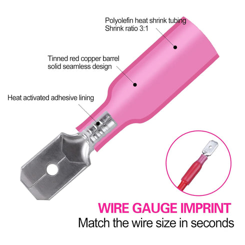 100 PCS 22-16 AWG Waterproof Heat Shrink Quick Disconnect Connectors, Crimp Electrical Wire Male Spade Connectors