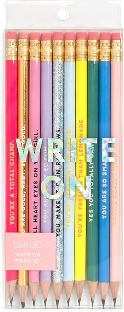 ban.do Colorful Pencil Set of 10, Pre-Sharpened #2 Graphite Pencils for Adults, Compliment/Sayings for Girls