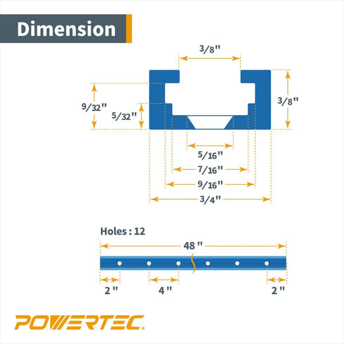 POWERTEC 71067 48 Inch Universal T-Track - Double-Cut Profile with Predrilled Mounting Holes, 1PK
