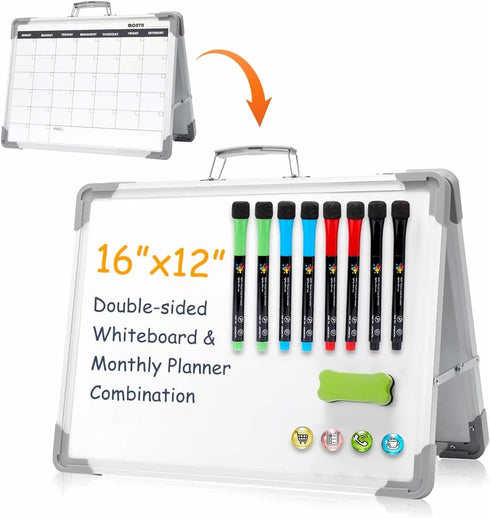 Small Double Sided Magnetic Dry Erase Board with Calendar - Portable Folding Whiteboard for Desktop, Monthly Schedule
