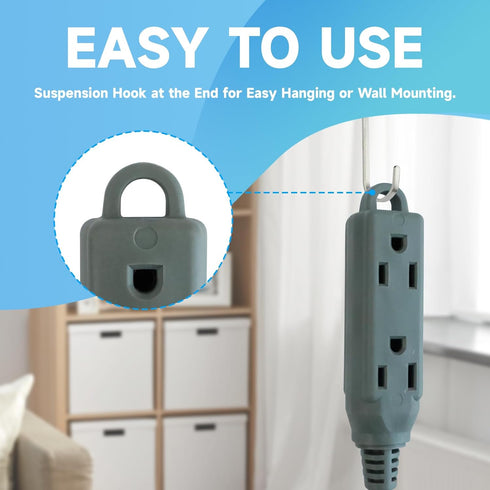 1 Ft Flat Plug Extension Cord, 16 AWG 3 Prong Grounded Low Profile Extension Cable, 3 Outlet Extension Wire Grey