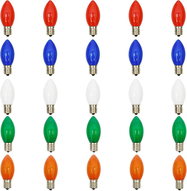 Abeja 25 Pack Multicolor C9 LED Christmas Light Bulbs, C9 LED Replacement Bulbs Fits E17 Intermediate Base, 0.6 Watts