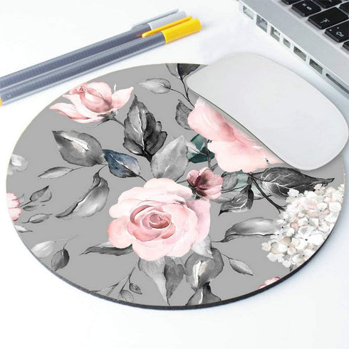 Round Mousepad - Spring Flowers and Leaves, Gray and Pink Roses Floral Mouse Mat for Office