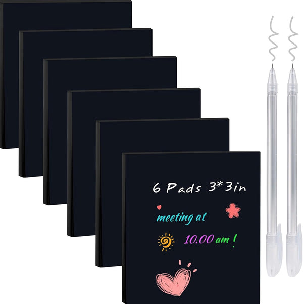 Black Sticky Notes, 3"x3" Post It Notes with 2 Metallic Pens, 6 Pads - Self-Stick Notes Bulk for School, Home,