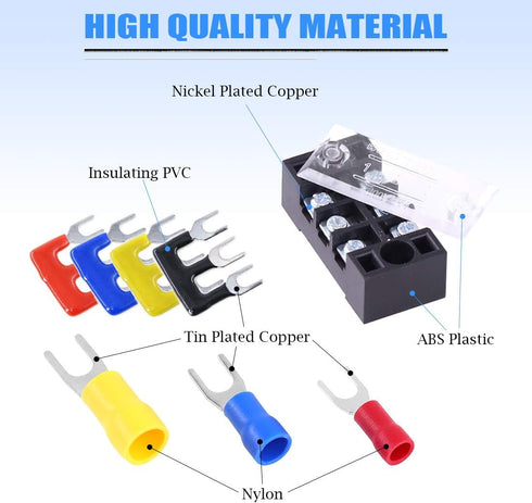 Glarks 70Pcs Terminal Block Set - 5Pcs 3 Positions Dual Row Screw Terminals + 60Pcs Insulated Fork Wire Connector