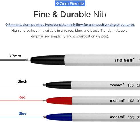 MONAMI BP 153 Retractable Ballpoint Pen, Fine Point (0.7mm), Blue, 12-Count