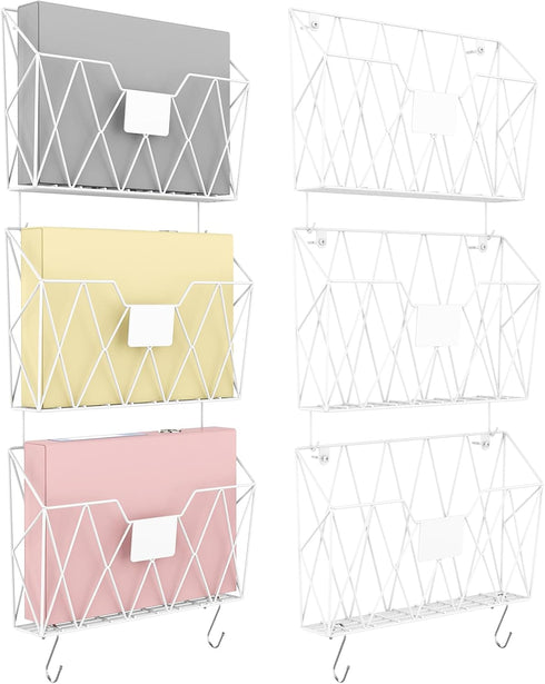YBING Wall Mounted File Organizer, White 6 Pockets Mesh Hanging Holder for Office Papers with Hooks
