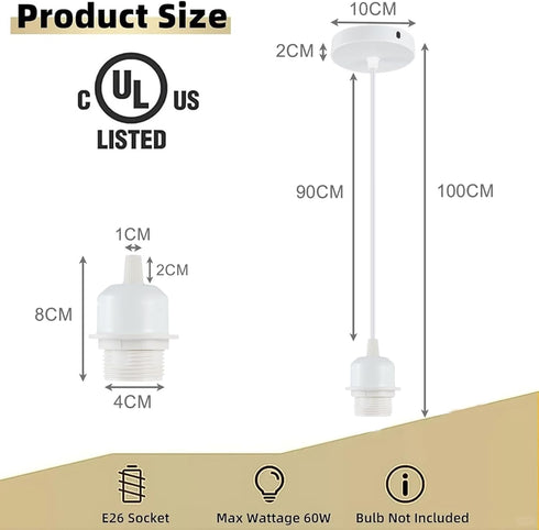 E26 1M/3.28FT Industrial Mini Pendant Light Kit UL White Pendant Light Kit Vintage Retro Edison Hanging Lamp