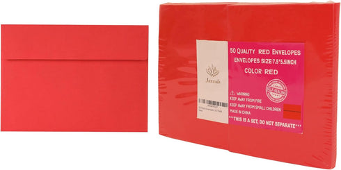 Red Envelopes, 50 Pack, 5 x 7 Inch A7 Card Envelopes for Invitations, Weddings, Birthdays, Personal Gifts