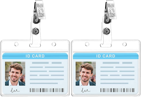 Clear ID Badge Holder with Metal Clips - 2 Pack Soft Plastic Card Sleeves, Waterproof Credit Card Protector Case