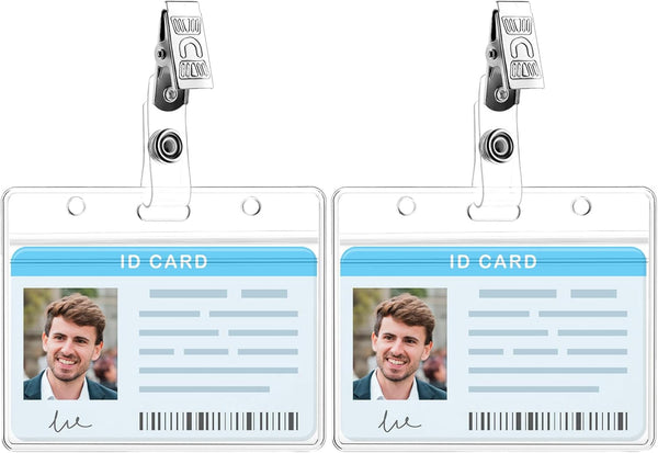 Clear ID Badge Holder with Metal Clips - 2 Pack Soft Plastic Card Sleeves, Waterproof Credit Card Protector Case