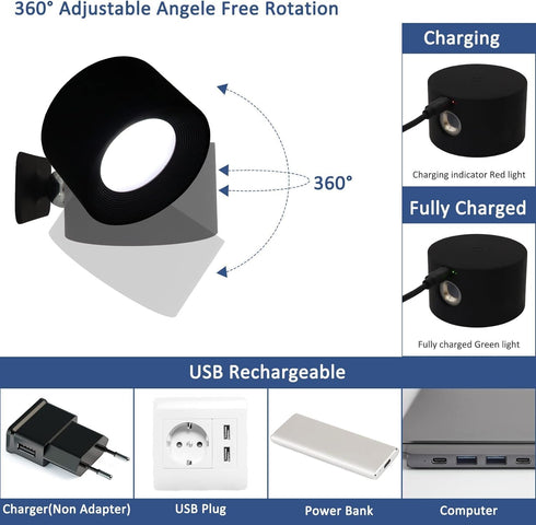 BHBP 360 (black-2pcs) LED Magnetic Wall Light with Rotation Touch Remote Control Rechargeable Reading Mural Lights
