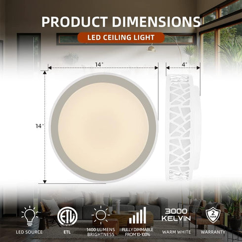 14 Inch Dimmable 20W 1400 3000K LED Flush Mount Ceiling Light, Round Lighting Fixture, Lumens Warm White, ETL Listed