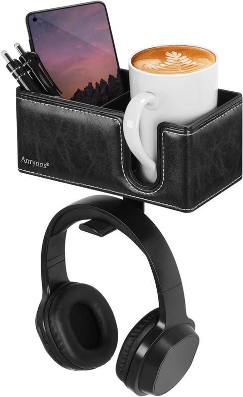 Desk Cup Holder Clip-on Pen Holder, Rotatable Headphone Hanger and Headset Stand Clamp Hook Under Desk (Black)