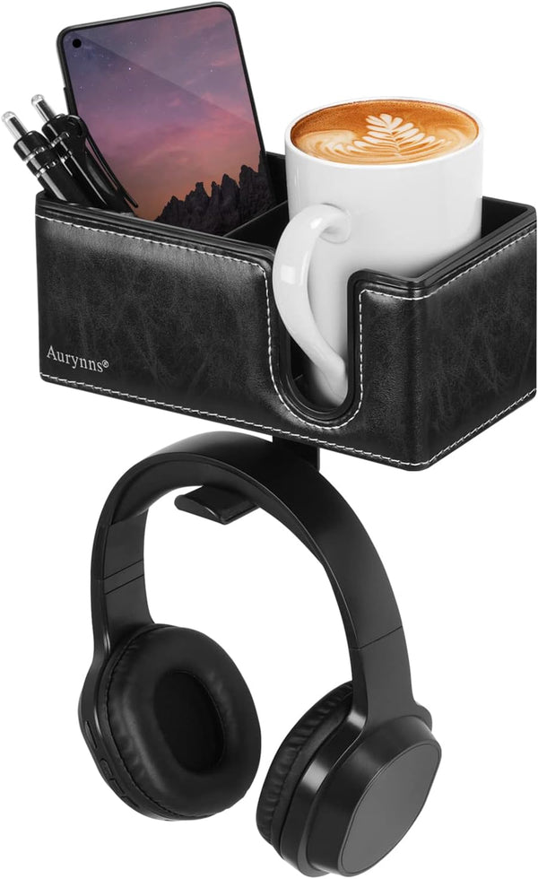 Desk Cup Holder Clip-on Pen Holder, Rotatable Headphone Hanger and Headset Stand Clamp Hook Under Desk (Black)