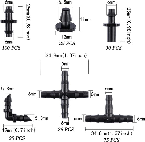 280 Pcs Barbed Connectors Irrigation Fittings Kit for Drip Irrigation 1/4'' Tubing for Garden Lawn