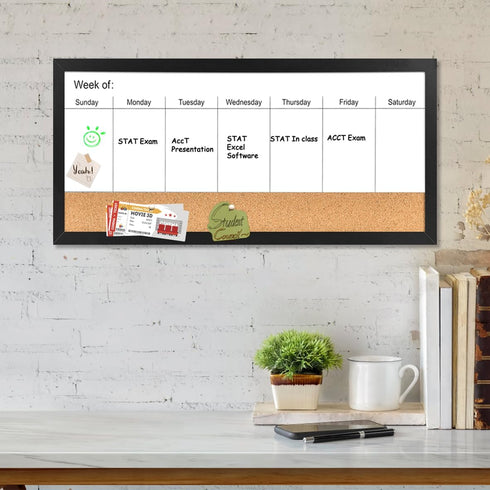 Magnetic Weekly Dry Erase White Board and Cork Board, Black Wood Frame, Magnetic Surface Whiteboard for Home