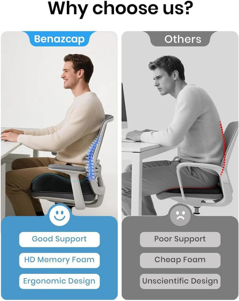 Charm Bird Sciatica Ergonomic Seat Cushion -Large Memory Foam Office Chair Cushion Seat Pad - Sciatica & Lower Back