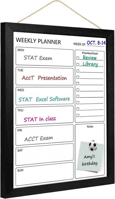 Dry Erase White Board & Weekly Calendar Board, Magnetic Whiteboard for Wall, 13“x17" Solid Wood Black Framed Message