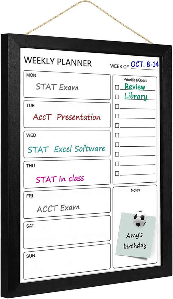Dry Erase White Board & Weekly Calendar Board, Magnetic Whiteboard for Wall, 13“x17" Solid Wood Black Framed Message