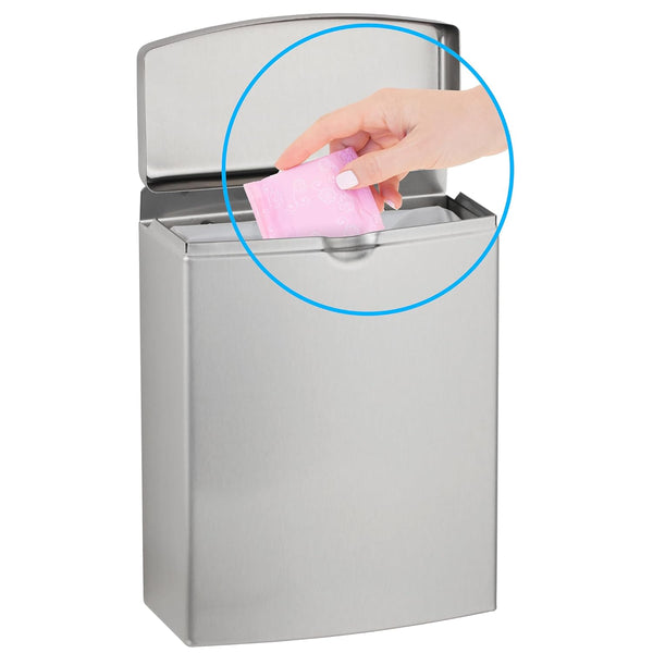 Bobrick Sanitary Napkin Disposal Wall Mounted Stainless Steel Flip Top Receptacle, 1 Gallon Capacity, Model B-270