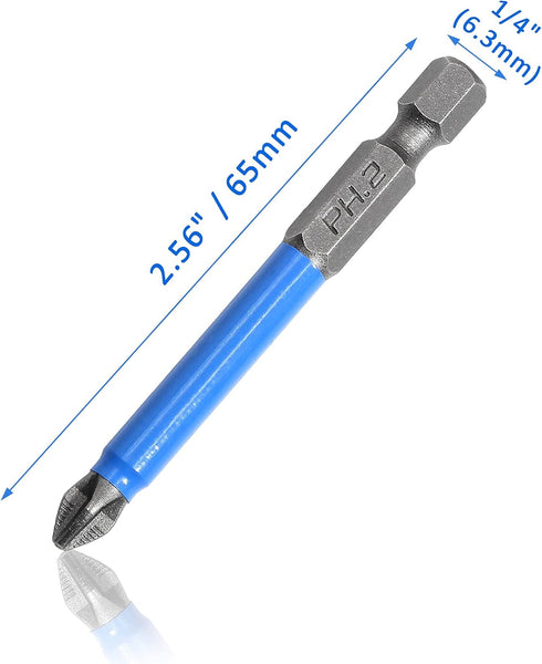 10 Pcs Magnetic Phillips Screwdriver Bit Set, 2.56 Inch Long PH2 Non-Slip Electric Screwdriver Bits with 1/4" Hex