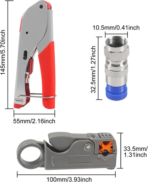 RG6 RG59 Coax Cable Compression Crimper Tool Kit,with 10 pcs Coaxial Compression Fitting Connector,Compression Tool, Coax Cables Stripper for Cable TV Video Audio