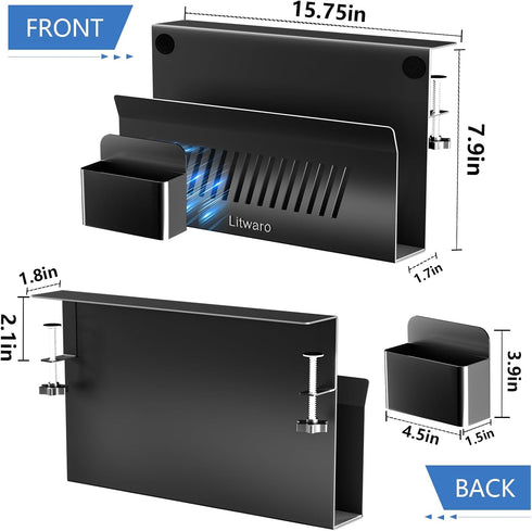 Litwaro Desk Side Storage Organizer, Clamp on Under Desk Laptop Holder, No Drill Mount with Magnetic Pen Holder (Black)
