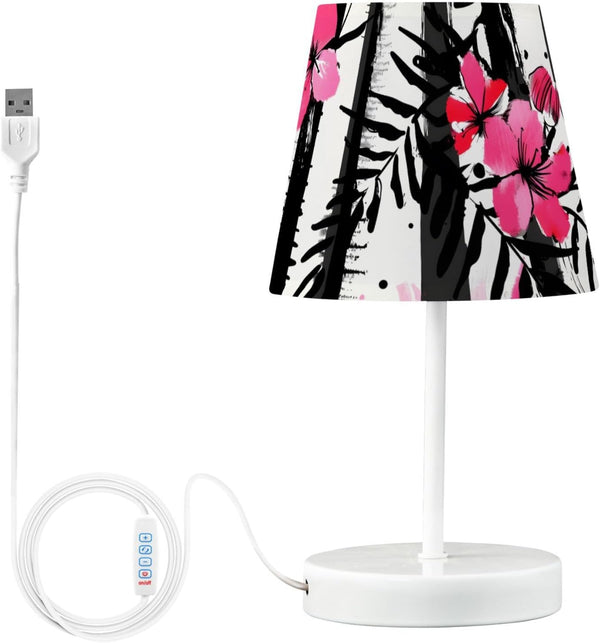 ALAZA Bedside Lamp Stripes Black White Tropical Pink Flower Table Lamp for