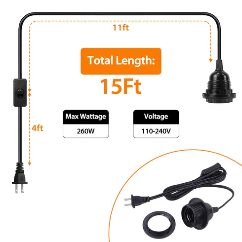 Filltown 15Ft 2 Pack, E26/E27 Plug in Pendant Light Hanging Lights with Plug in Cord, Socket Hanging Lamp Light Cord