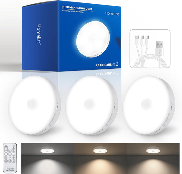 Homelist 3 Pack 1500mAh Upgraded Ultra Bright Motion Sensor Lights Indoor, Rechargeable