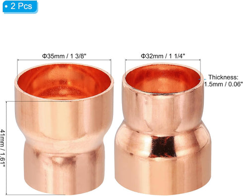 PATIKIL 2pcs 1 3/8" to 1 1/4" ID Copper Reducer, 99.9% Pure Copper Reducing Coupling