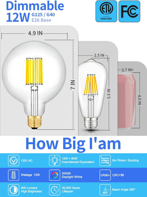 12W Dimmable Bulb 5000K G40 5 Inch 90W 900LM, E26 G125 Bulbs, Dimming CRLight LED Large Globe Daylight White Glow