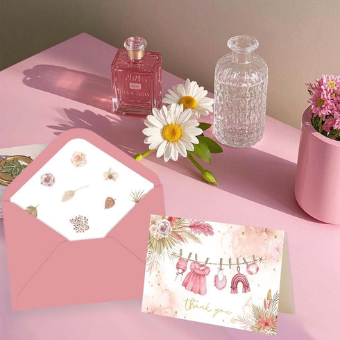 SolarGlory 50 Pack Set Pink Baby Shower Thank You Cards with Envelopes & Stickers for Girl, Floral Design Girl Thank
