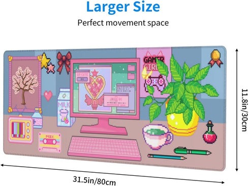 Pixel Pink Computer Mouse Pad, Extended XL Gaming Mice Pad with Stitched Edges, 31.5 X 11.8 Inch