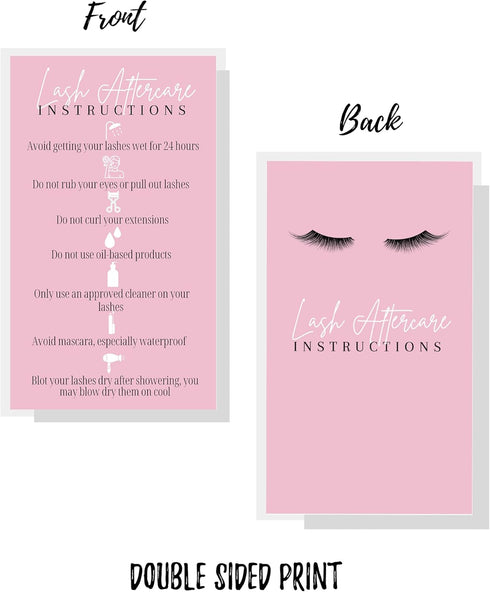Lash Extension Aftercare Instructions Cards, 50 Pack, 2x3.5" Business Card Size, Pink Card Design