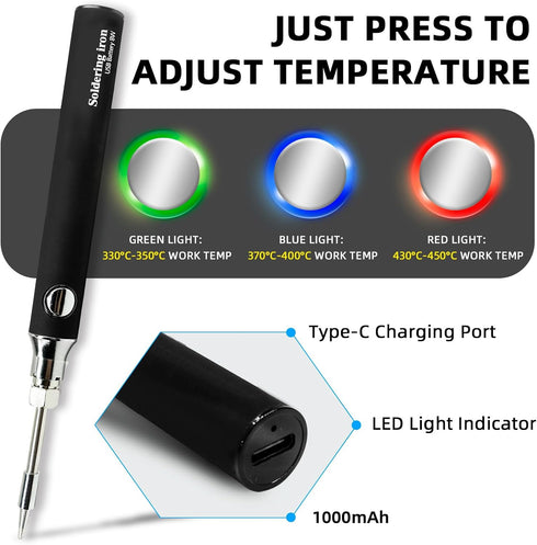 Cordless Soldering Iron Kit, Portable USB Solder Iron with 1000mAh Rechargeable Kit for Electronics and Appliance Repair