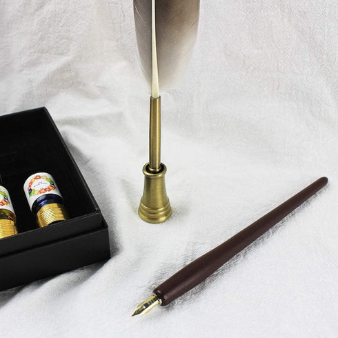 GIFTS Calligraphy Pen Set, 12-Piece Kit, 5 Nib & 5 Ink Set, Antique Dip Feather Pen Set (Wood + Feather)