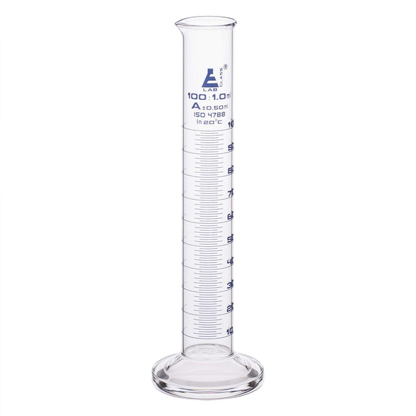 EISCO Graduated Cylinder, 100ml - Class A Tolerance ±0.50ml, Round Base, Blue Graduations