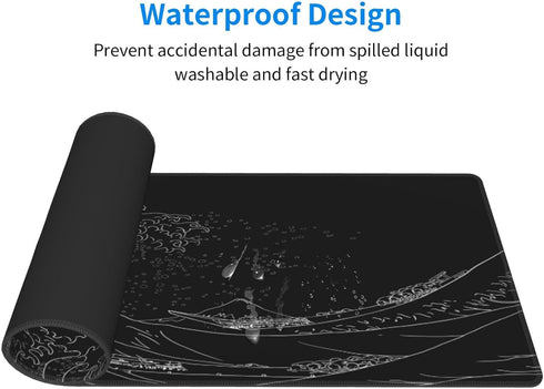 Japanese Sea Wave Large Mouse Pad, Anime Black Gaming Desk Pad, 3mm Thick Non-Slip Rubber Base, 31.5 x 11.8 Inch