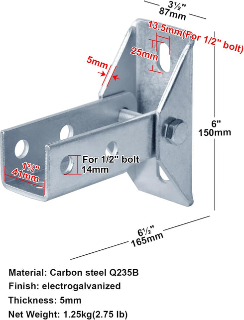 2 Pcs Adjustable Brace Fitting for 1/2" Bolt in 1-5/8" Strut Channel, 5mm Thickness, Electrogalvanized