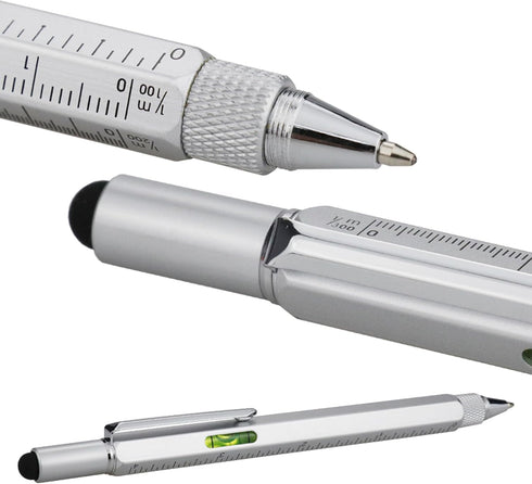 HeTaoCat Gifts Multi Tech Tool Pen 6 in 1 Stylus Pen - Screwdriver Pen with Ruler, Levelgauge, Ballpoint Pen (Silver)