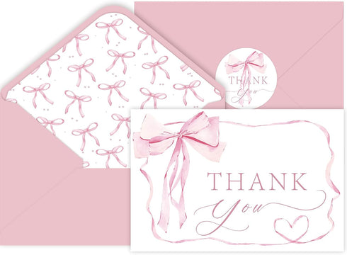 SMUAENSS 48 Pack Pink Bow Thank You Cards, Bowknot Bridal Shower Greeting Card