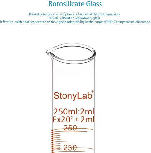 stonylab 1-Pack Graduated Cylinder, Borosilicate Glass 250 ml Heavy Wall Measuring Cylinder