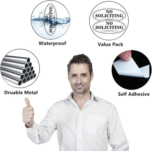 Self-adhesive No Soliciting Sign for House Door, 7" x 3" Metal Signs, Durable UV, Easy Mounting, Oval Design, 2 Pack